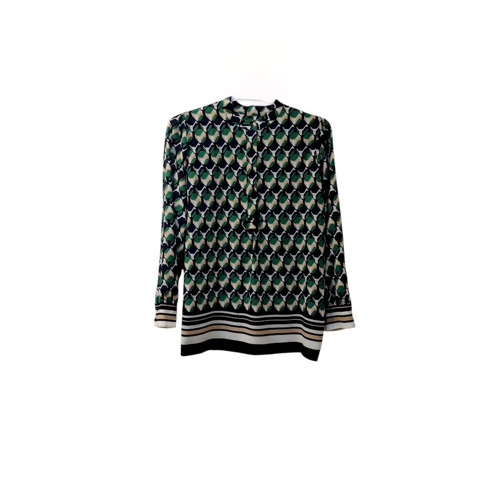 Anne Klein: Long Sleeve Blouse, Size XL, Green/Blue/Tan/Black/White
